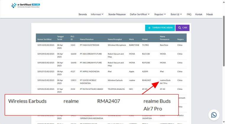 Realme Buds Air 7 Pro muncul di sertifikasi SDPPI Postel.