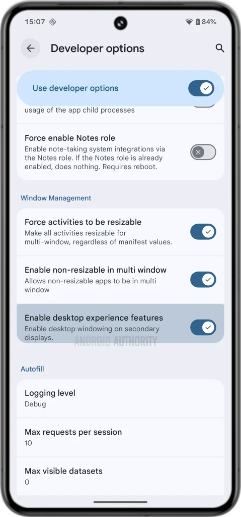 Mengaktifkan fitur Enable Desktop Experience di Developer Options pada perangkat Google Pixel 8 Pro. Sumber: Android Authority.