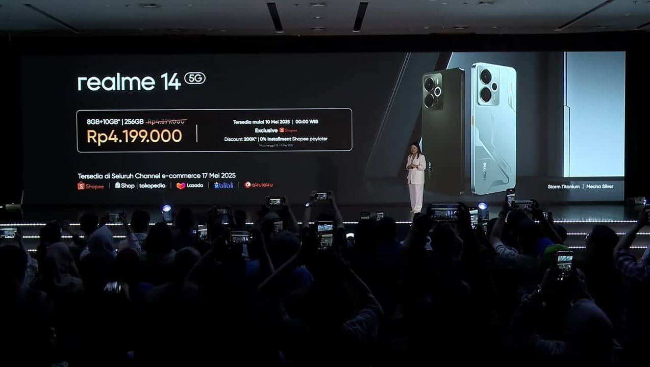 Realme 14 5G dijual dengan harga spesial Rp 4.199.000, diskon Rp 200 ribu dari harga normal. 