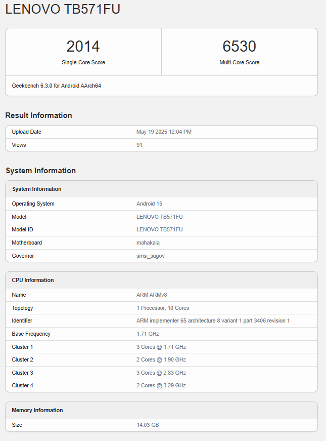 Penemuan listing Lenovo Yoga Pad Pro 14.5 di Geekbench, via Notebookcheck.net.