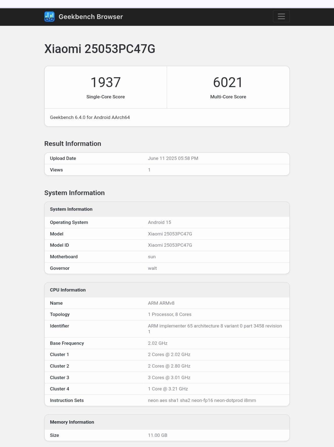Tangkapan layar Geekbench untuk Poco F7. Sumber: Abhishek Yadav di X/Twitter via GizmoChina.