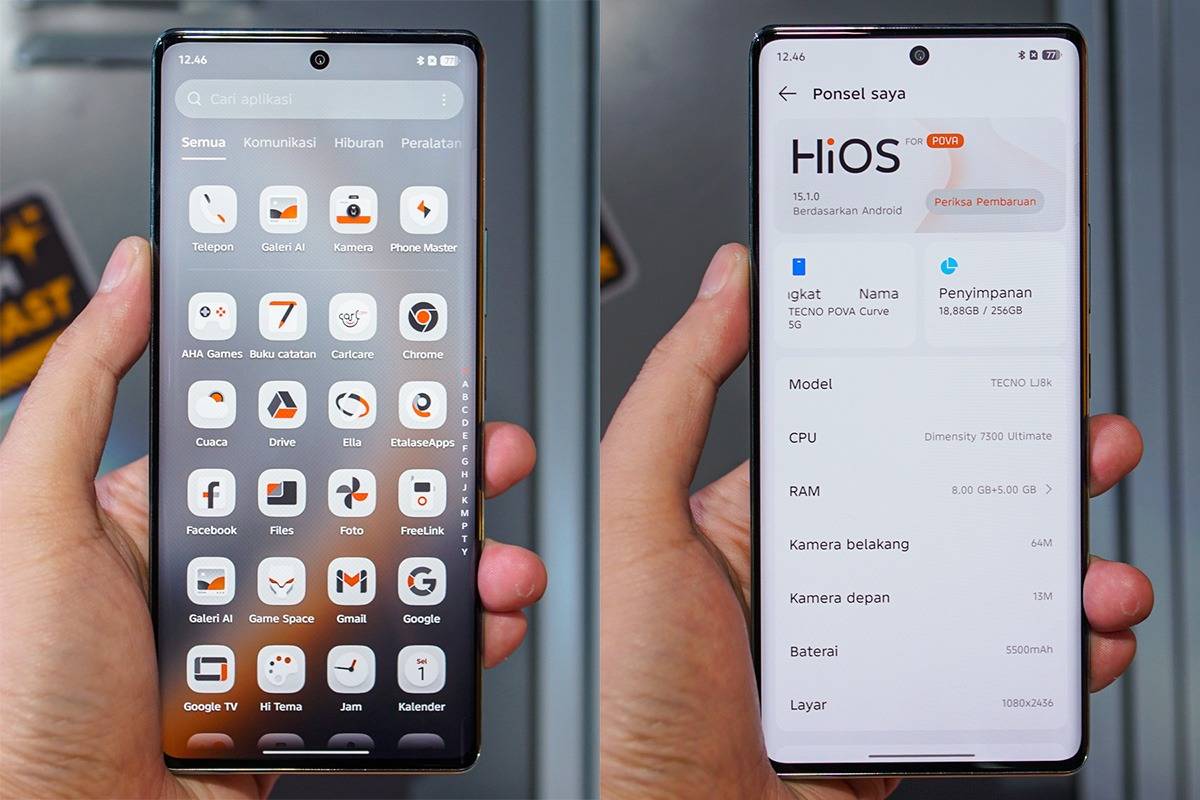 Tampilan antarmuka Tecno Pova Curve 5G, menggunakan HiOS 15 berbasis Android 15.