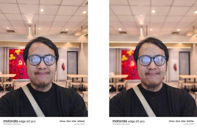 Selfie default (kiri), selfie portrait (kanan).