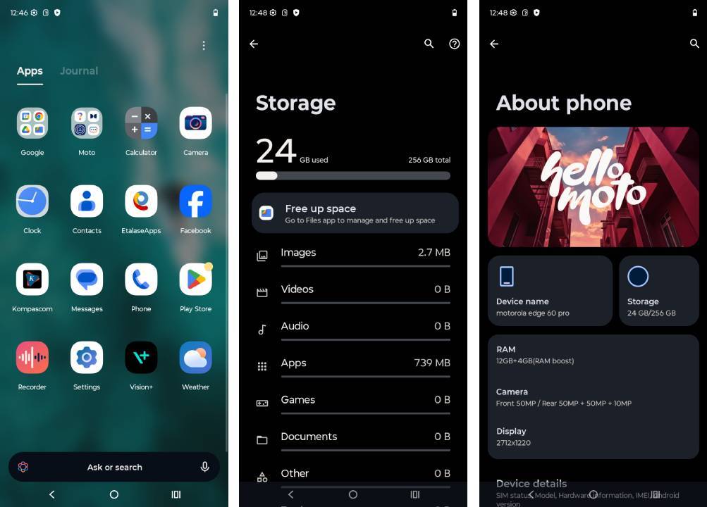Dari kiri ke kanan: tampilan antarmuka Hello UI, storage yang terpakai ROM, dan tampilan About Phone.