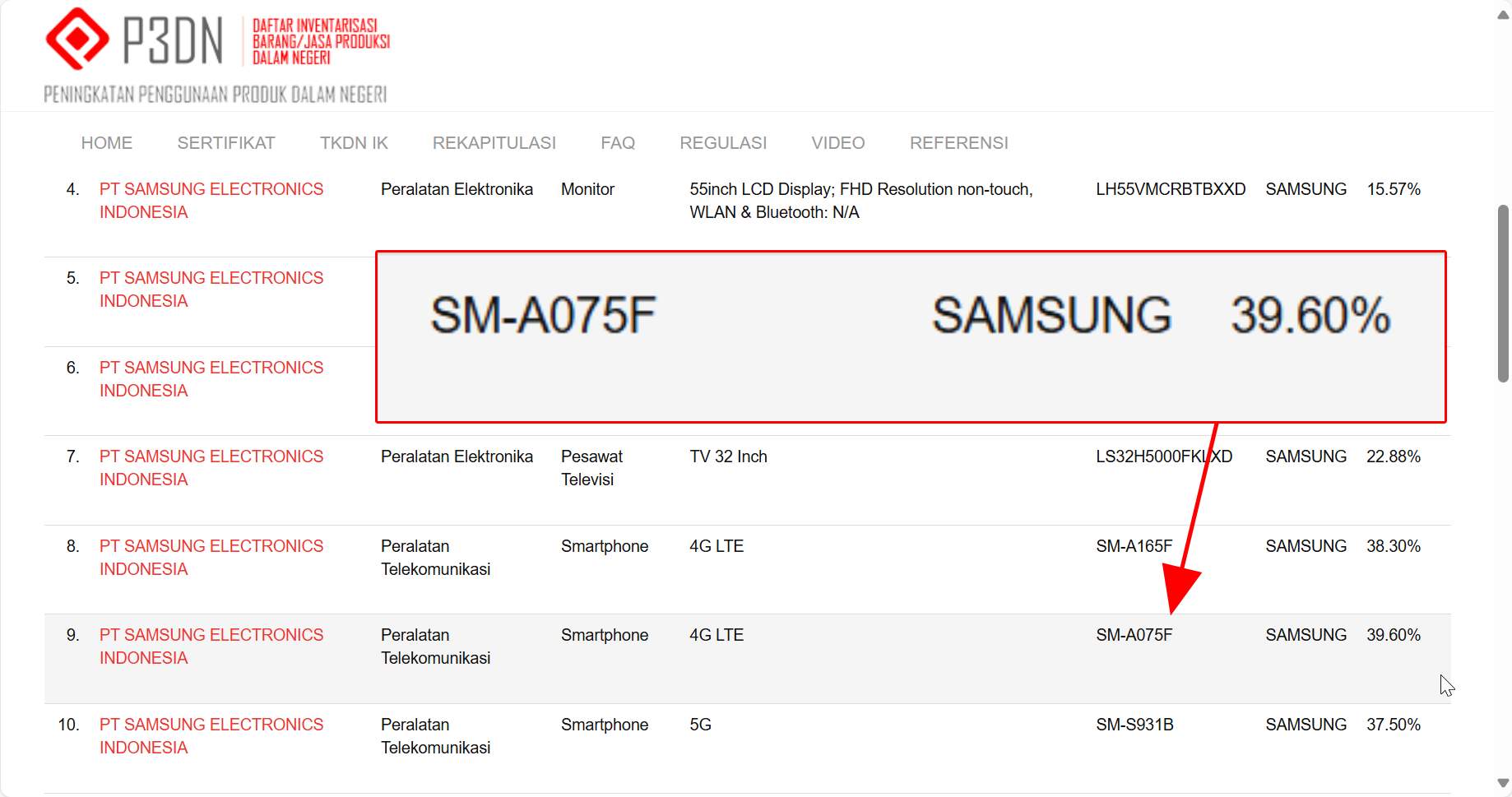 Galaxy A07 terdaftar di situs TKDN.