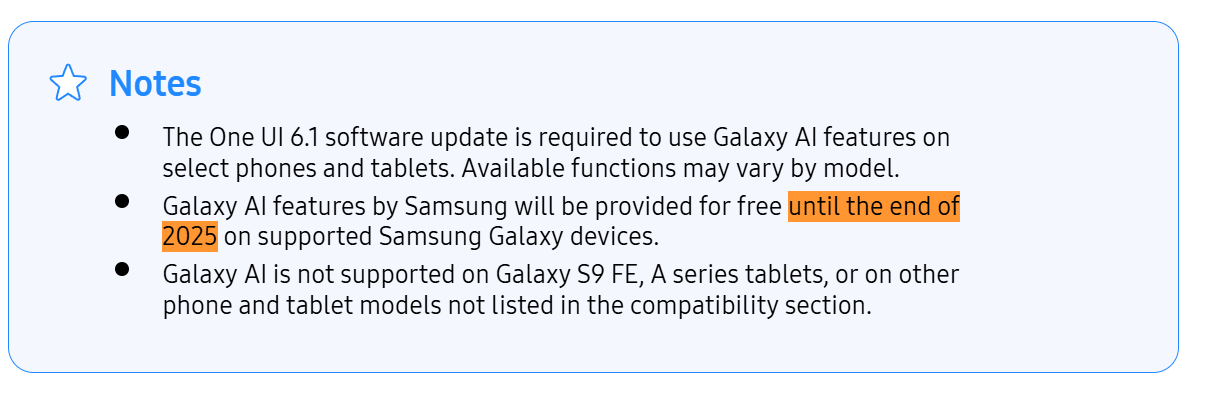 Galaxy AI konon hanya gratis sampai akhir tahun 2025. Sumber: Samsung