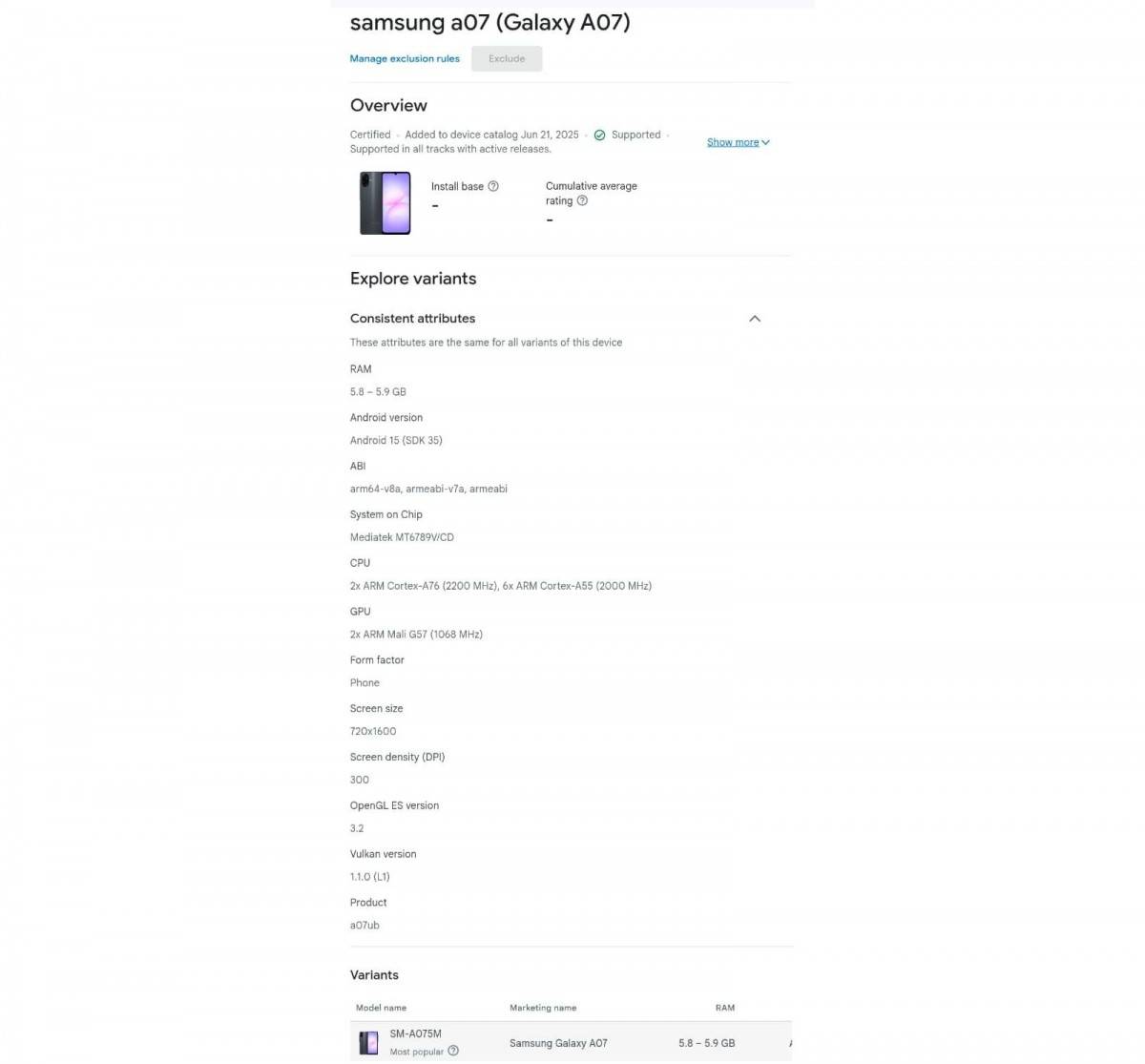 Galaxy A07 muncul di Google Play Console, tampilan bodinya terungkap.