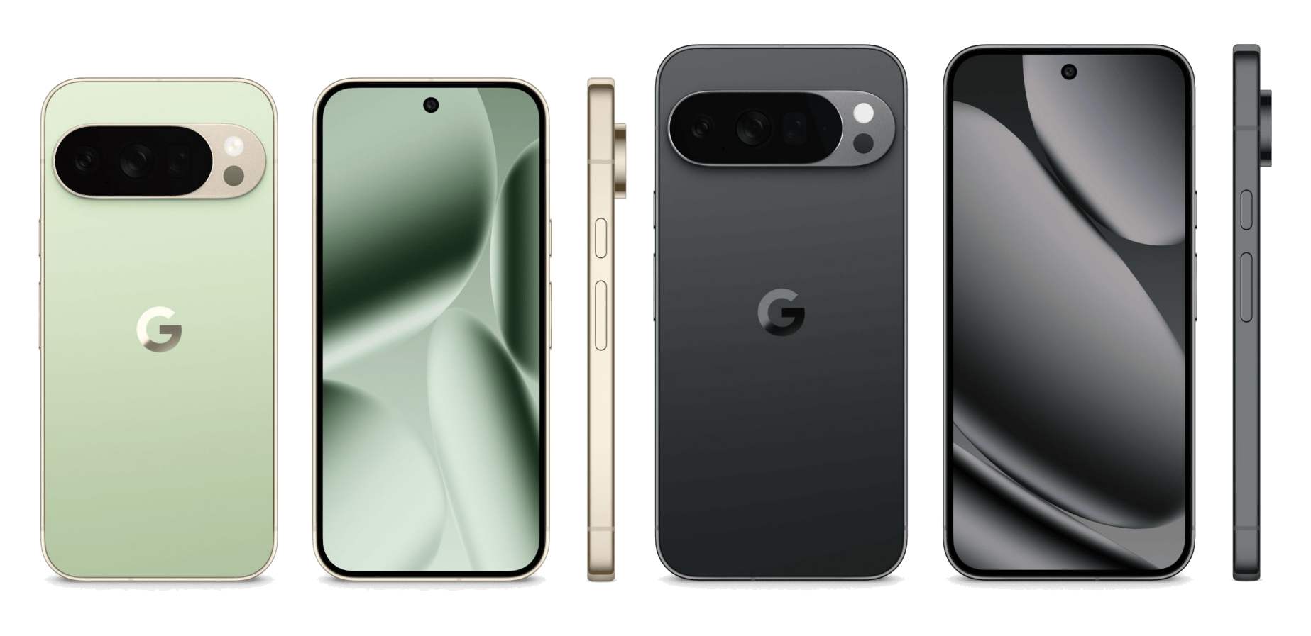 Google Pixel 10 Pro (Jade) (kiri), Google Pixel 10 Pro XL (Moonstone) (kanan).