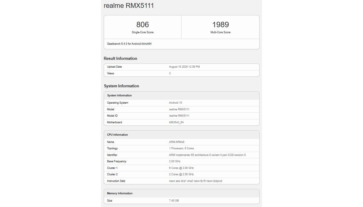 Realme 15T muncul di Geekbench.