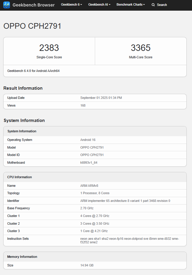 Oppo Find X9 di Geekbench.
