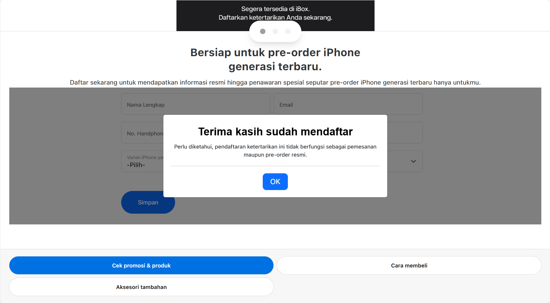 Tampilan yang muncul setelah melakukan pendaftaran pre-order iPhone 17 di iBox.