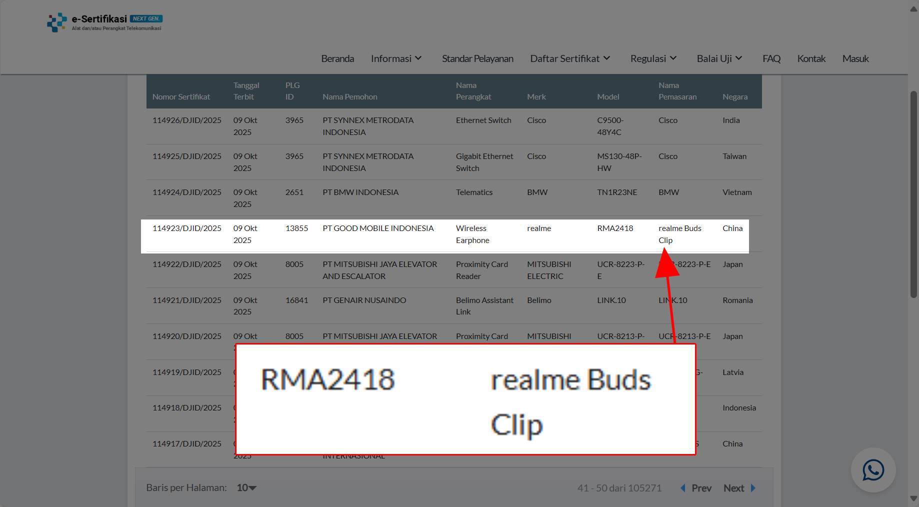 Realme Buds Clip tayang di laman basis data Postel milik Komdigi.