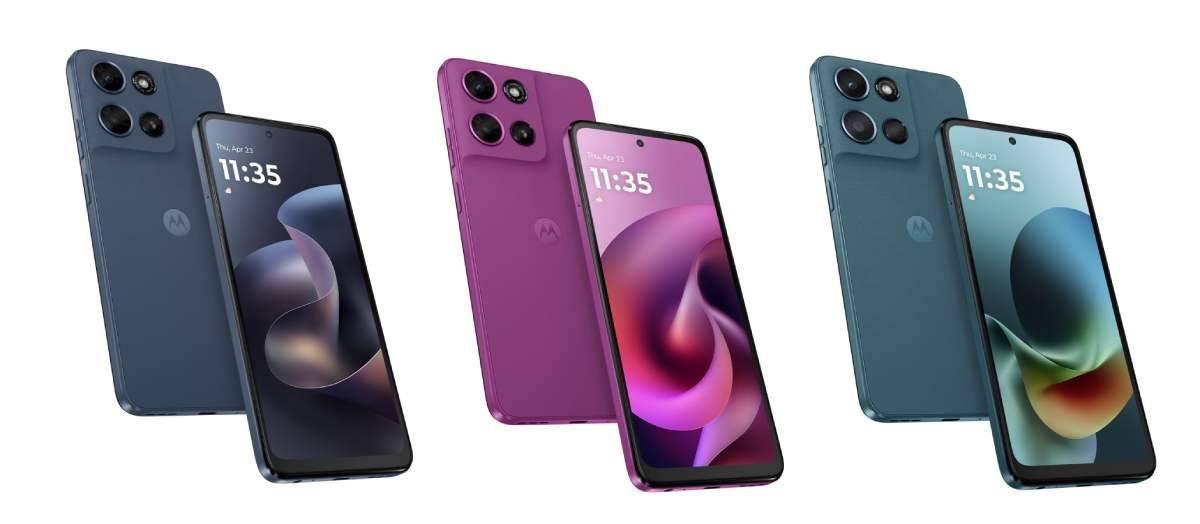 Dari kiri ke kanan: Moto G (2026) varian Pantone Slipstream dan Pantone Cattleya Orchid, Moto G Play (2026) varian Pantone Tapestry.