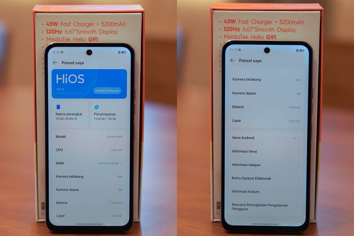 Tampilan layar Tecno Spark 40 yang memperlihatkan spesifikasinya.