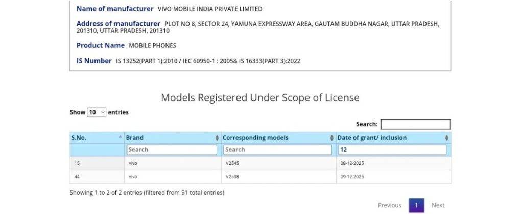Vivo V70 di laman sertifikasi BIS (India).