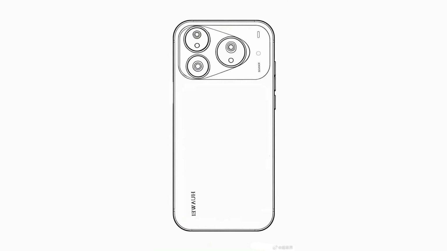 Gambar skematis Huawei Pura 90 Ultra, tampak mempertahankan desain khas Pura namun dengan modul kamera mirip iPhone 17 Pro.