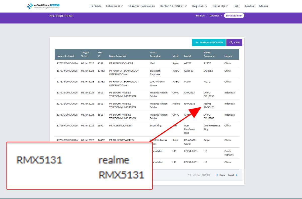 Realme 16 Pro Plus masuk Postel