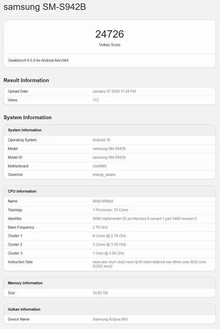 Bocoran Geekbench untuk Galaxy S26 versi Exynos 2600. Sumber: Notebookcheck.net.