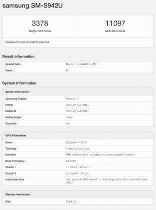 Laman Geekbench untuk Galaxy S26. Sumber: GSM Arena.