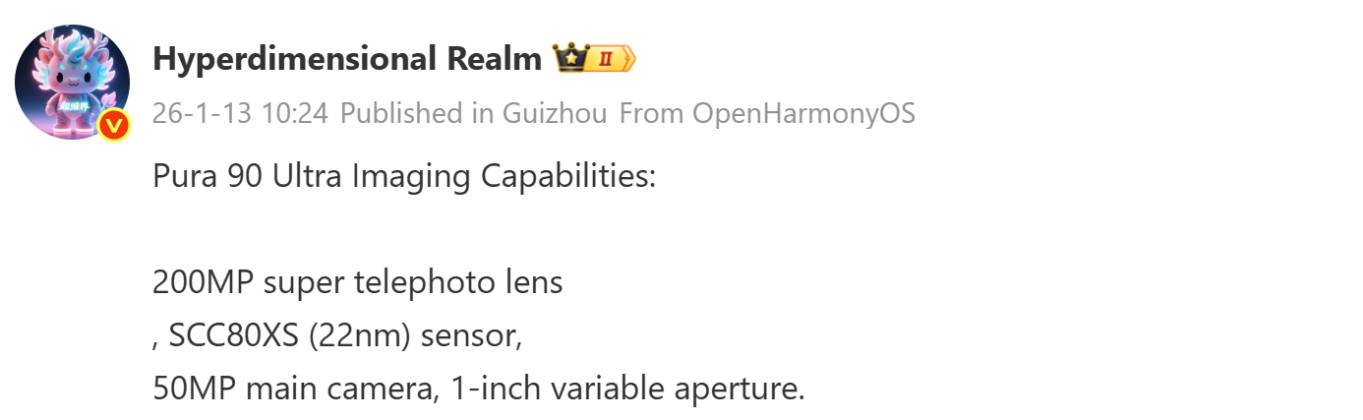 Bocoran spesifikasi kamera Huawei Pura 90 Ultra. Sumber: Hyperdimensional Realm di Weibo, via GizmoChina.