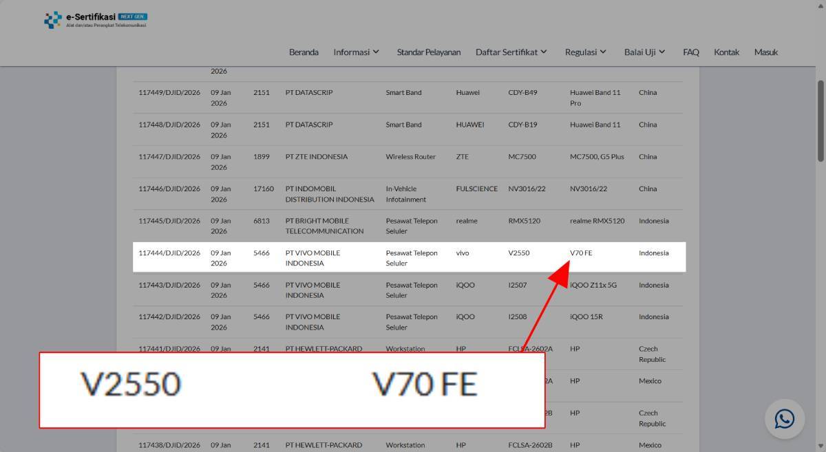 Vivo V70 FE sudah muncul di laman Postel, pertanda segera rilis di Indonesia.