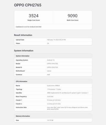 Tangkapan layar Geekbench untuk Oppo Find N6.