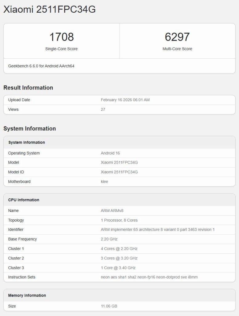 Tangkapan layar listing Poco X8 Pro di Geekbench.