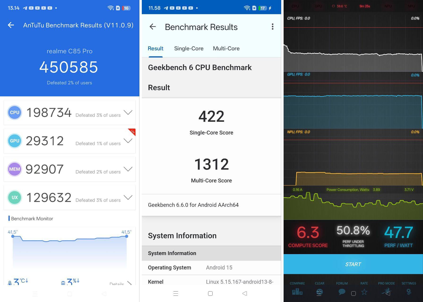 Dari kiri ke kanan: skor benchmark Realme C85 Pro AnTuTu 11, Geekbench 6, dan Burnout.