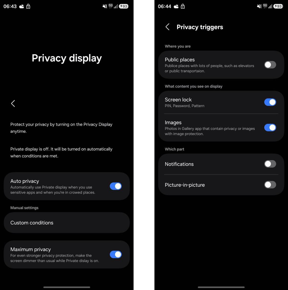 Bocoran tangkapan layar fitur Privacy Display pada Galaxy S26 Ultra. Sumber: GSM Arena.