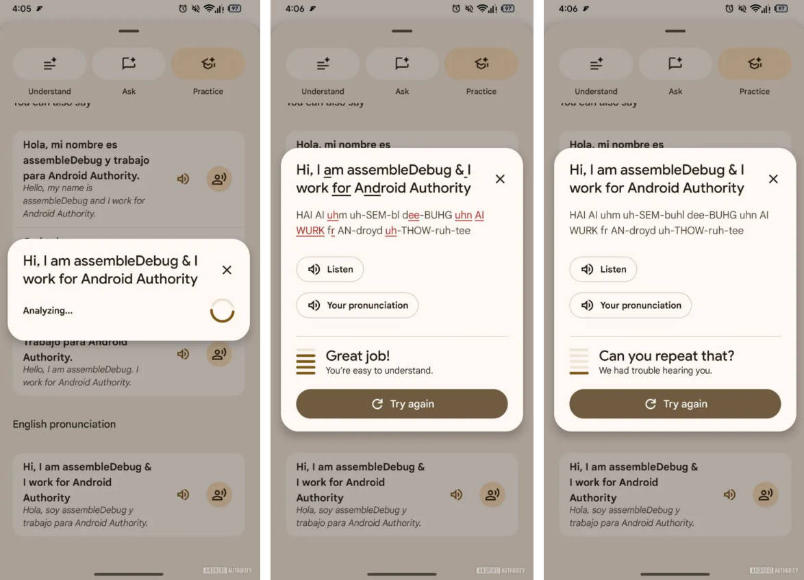 Tangkapan layar fitur Practice di Google Translate. Sumber: Android Authority.