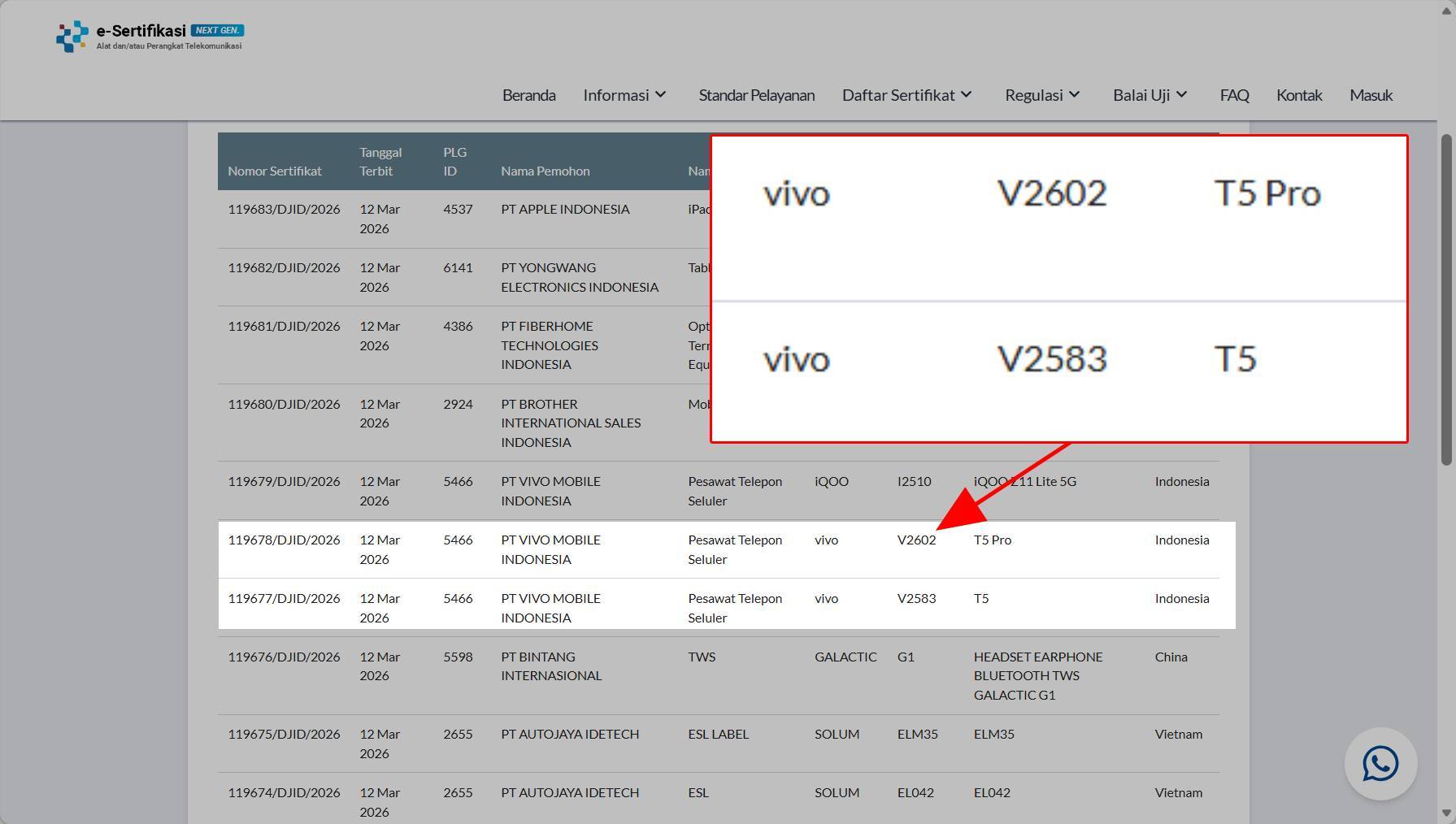 Vivo T5 dan T5 Pro muncul di laman Postel dari Komdigi pada 12 Maret 2026.