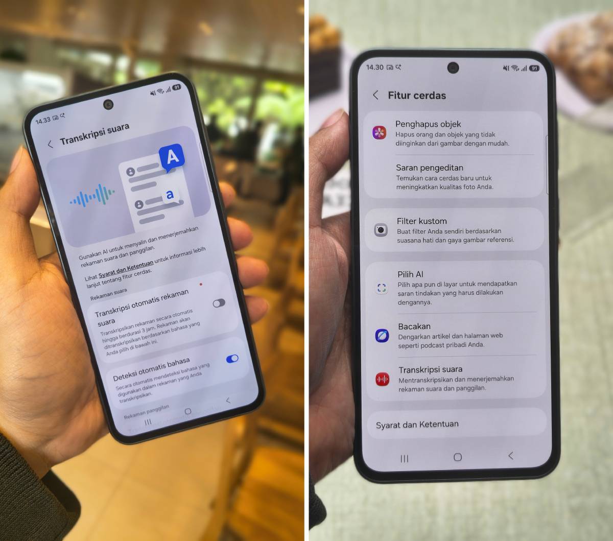 Tampilan antarmuka Voice Transcription (kiri), tampilan daftar fitur AI (kanan).