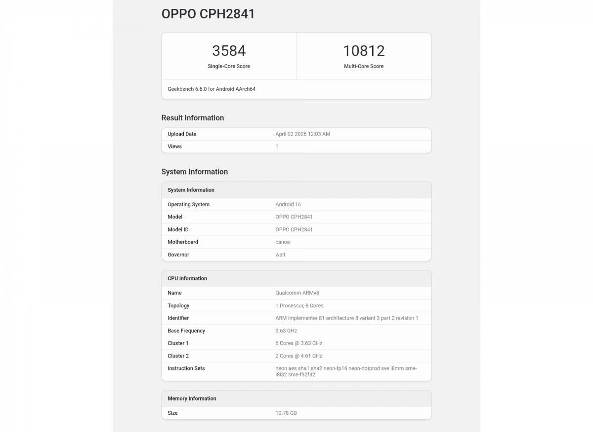 Oppo CPH2841 (Find X9 Ultra) muncul di Geekbench, disebut memakai Snapdragon 8 Elite Gen 5, RAM 12 GB, dan Android 16.