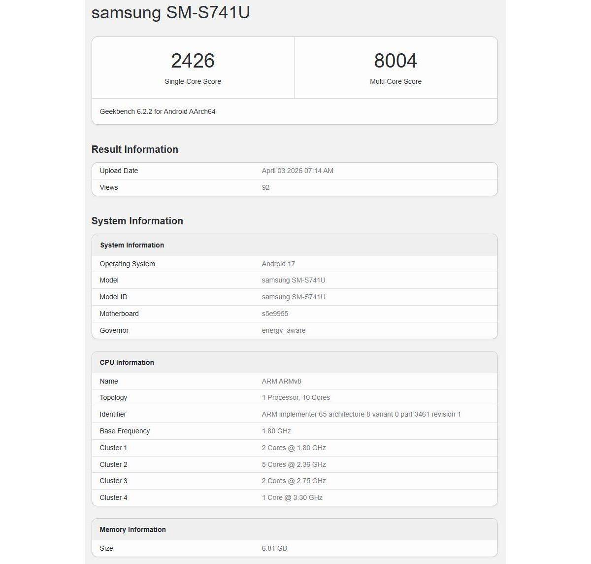 Galaxy S26 FE muncul di Geekbench. Sumber: GSM Arena.