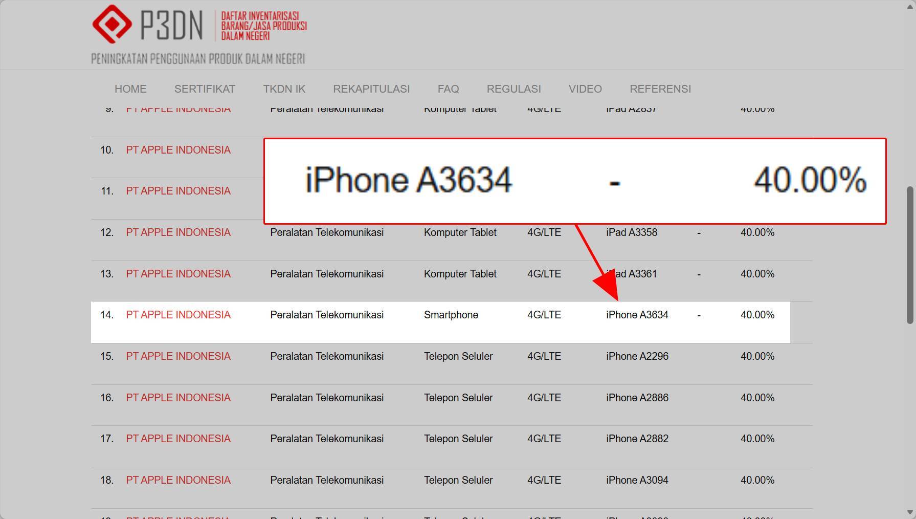 iPhone 17e terpantau sudah mengantongi sertifikasi TKDN Kemenperin dengan nilai TKDN 40 persen. Sumber: P3DN Kemenperin.