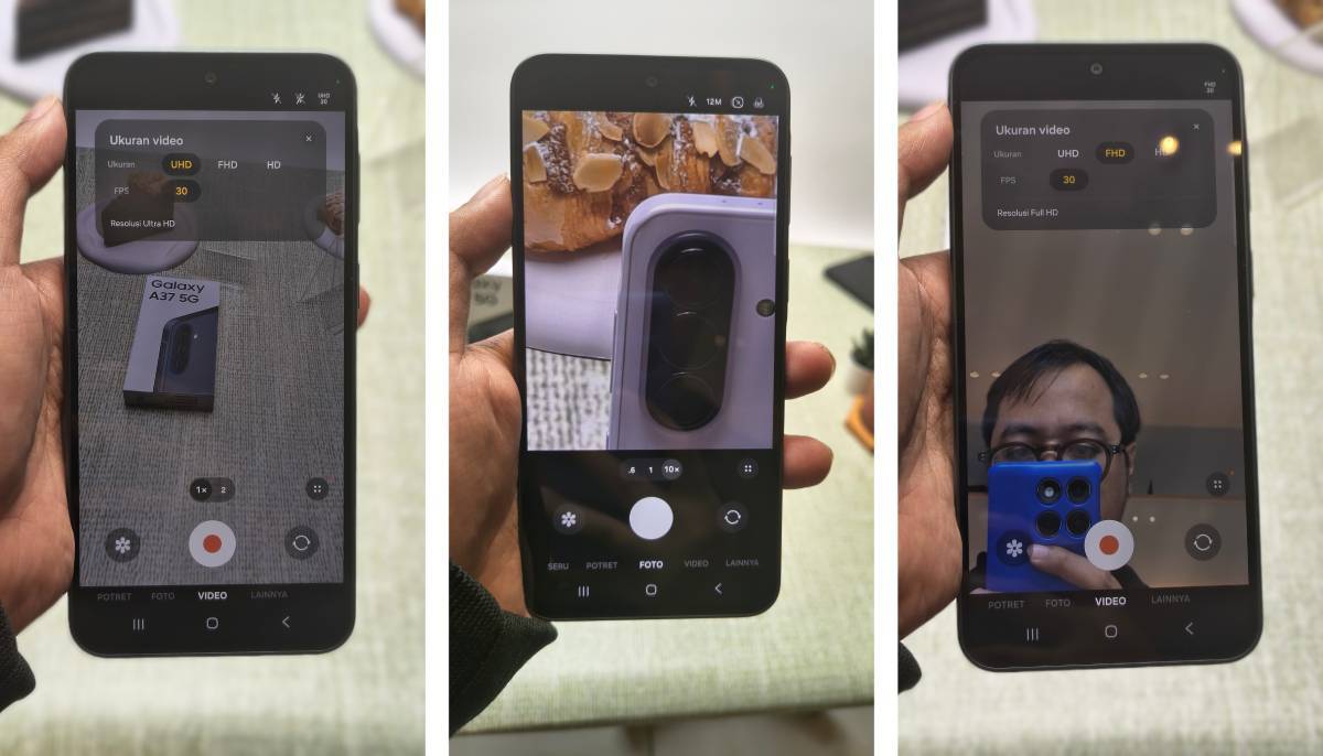 Kamera belakang mendukung perekaman hingga 1080p 60 FPS dan 4K 30 FPS (kiri), mendukung zoom maksimal 10x (tengah), kamera depan bisa merekam video hingga 4K 30 FPS (kanan).