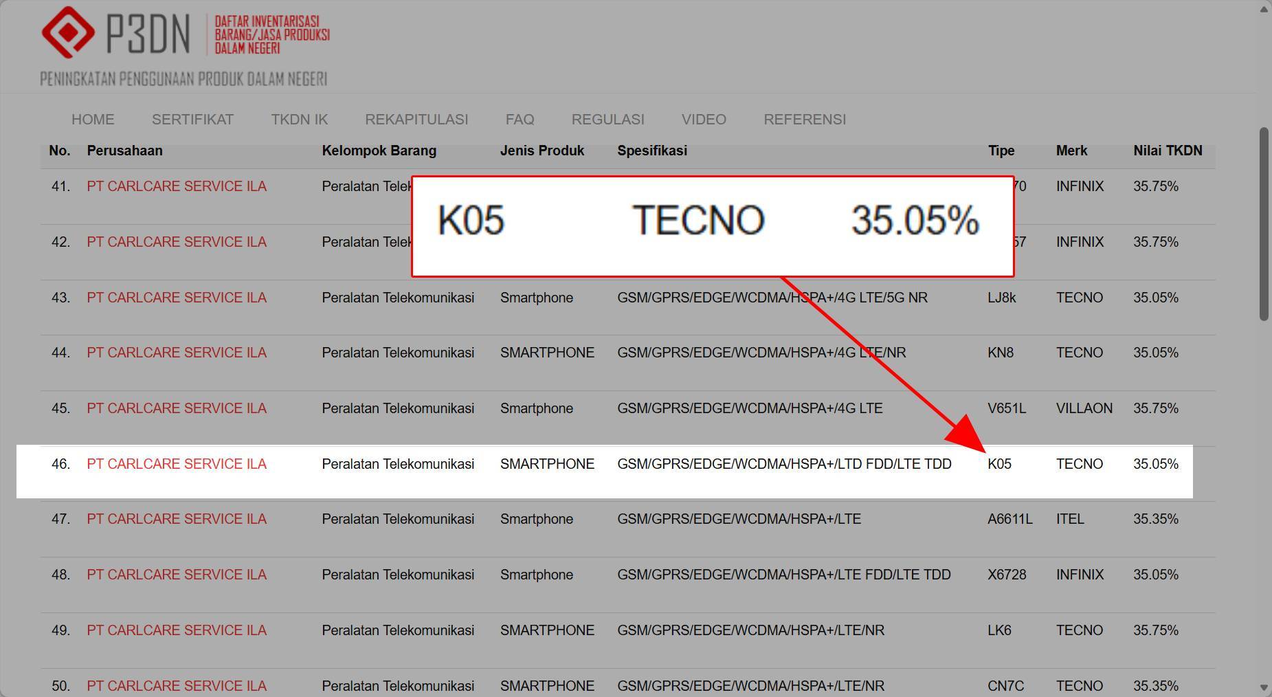 Tecno K05 muncul pada basis data TKDN Kemenperin, diduga kuat mengacu pada Tecno Spark 50 Pro 4G.