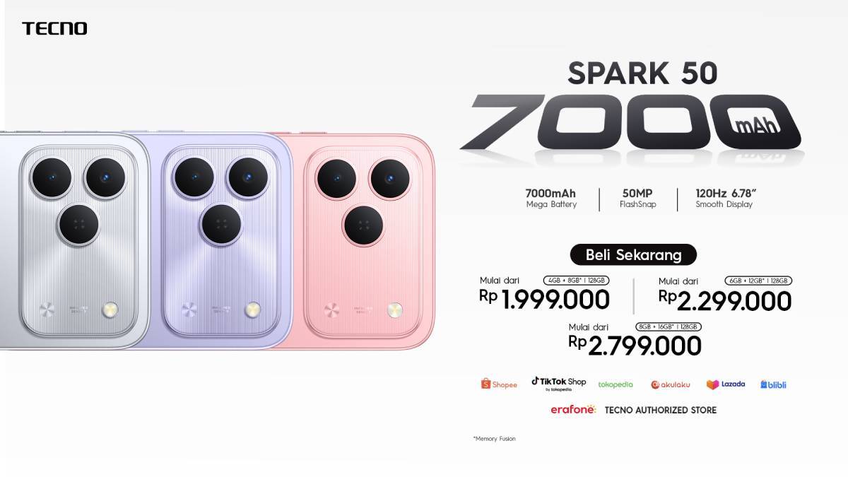 Rincian harga Tecno Spark 50 di Indonesia.