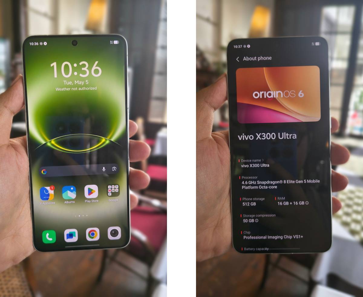Tampilan antarmuka Vivo X300 Ultra (kiri), tampilan laman About Phone (kanan).