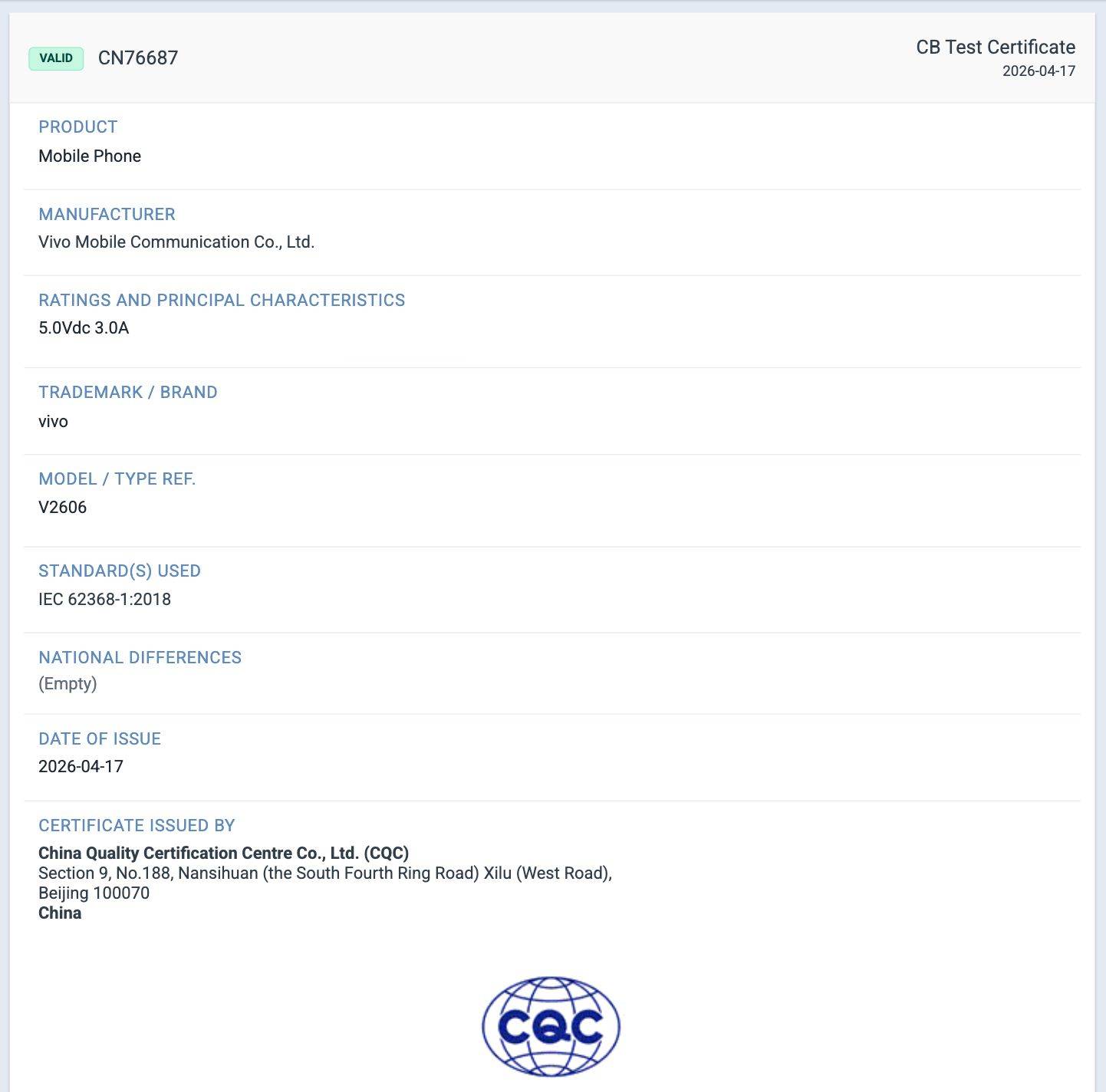 Sertifikat Vivo Y05e di database CQC (China) 