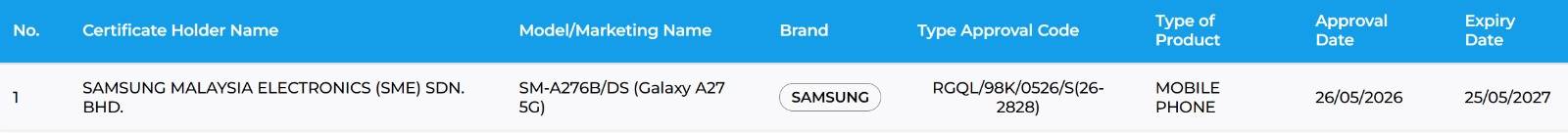 Galaxy A27 muncul di laman sertifikasi SIRIM, terindikasi bakal segera meluncur di Malaysia.