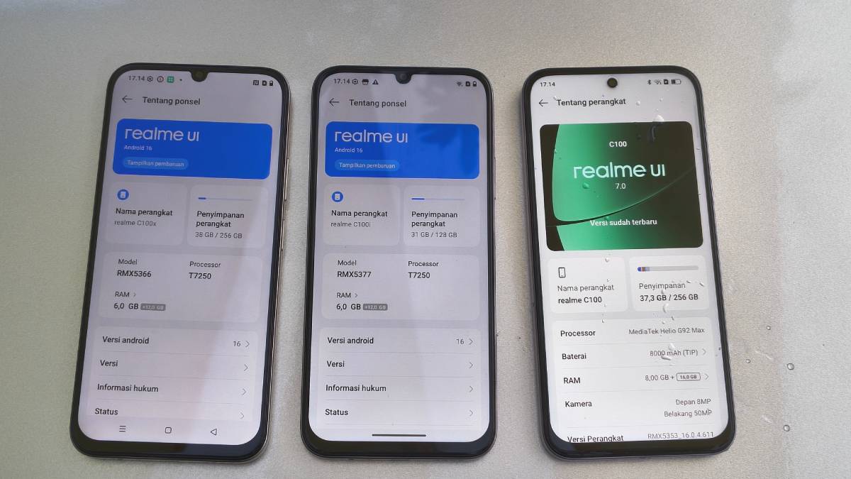 Tampilan layar "About phone" pada Realme C100x, C100i, dan C100.