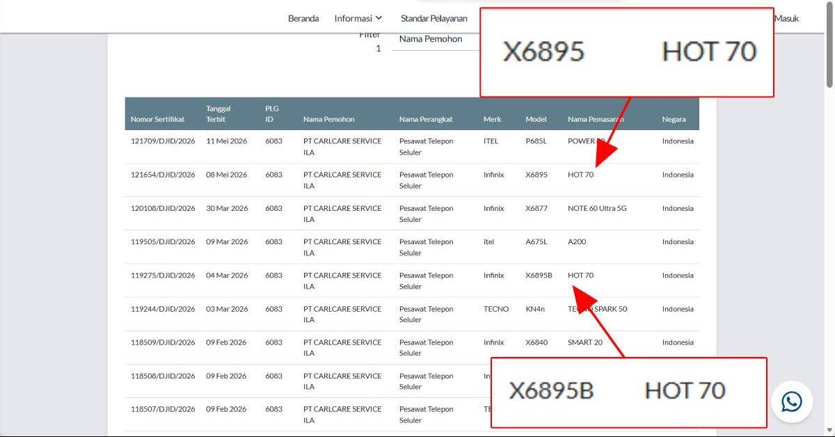 Ada dua nomor model Infinix Hot 70 yang terdaftar di laman Postel Komdigi, yakni X6895 dan X6895B. 