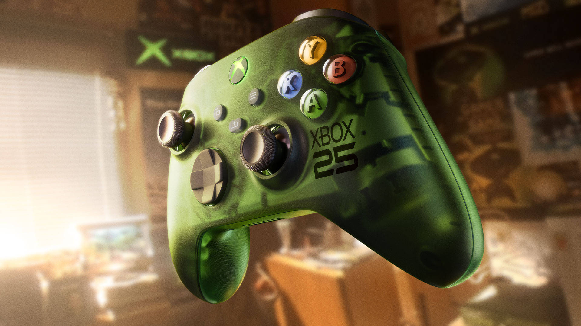 Tampilan dari Xbox Wireless Controller X25 Special Edition, sama-sama tampil dalam warna hijau transparan.