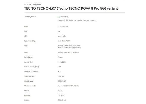 Tecno Pova 8 Pro juga sudah lebih dulu muncul di Google Play Console.
