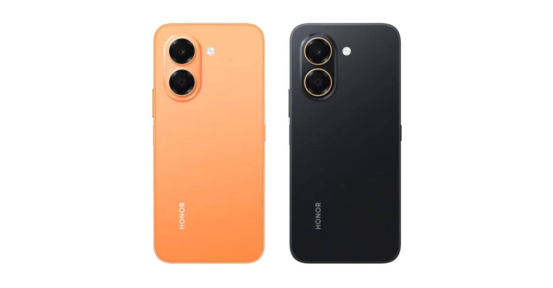 Varian warna Honor X7e: Sunrise Orange (kiri), Midnight Black (kanan).