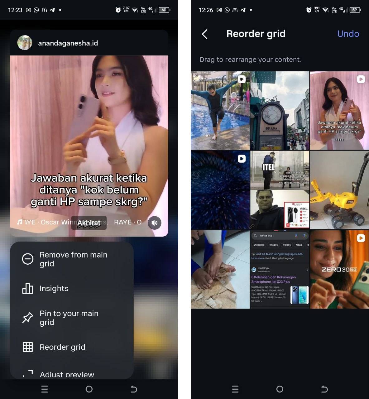 Cara memindahkan posisi postingan foto dan video di Instagram melalui fitur Reorder grip.