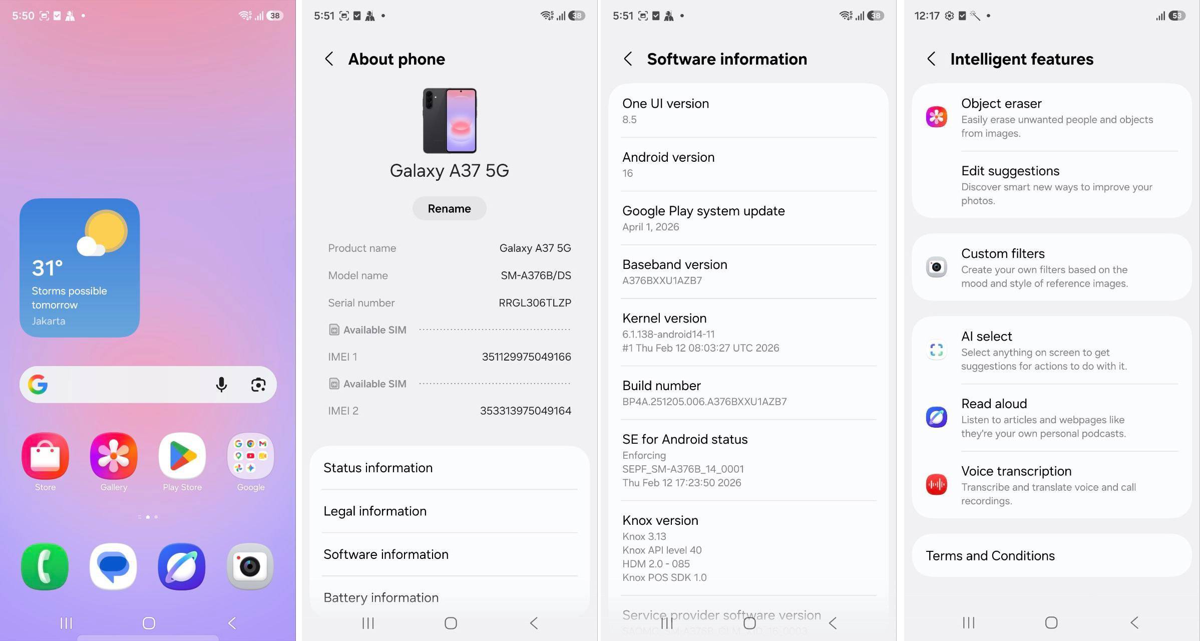 Dari kiri ke kanan: tampilan antarmuka Home Screen Samsung Galaxy A37, tampilan About Phone, laman "Software Information", dan daftar fitur Awesome Intelligence pada One UI 8, dijamin masa pembaruan OS hingga 6 tahun.