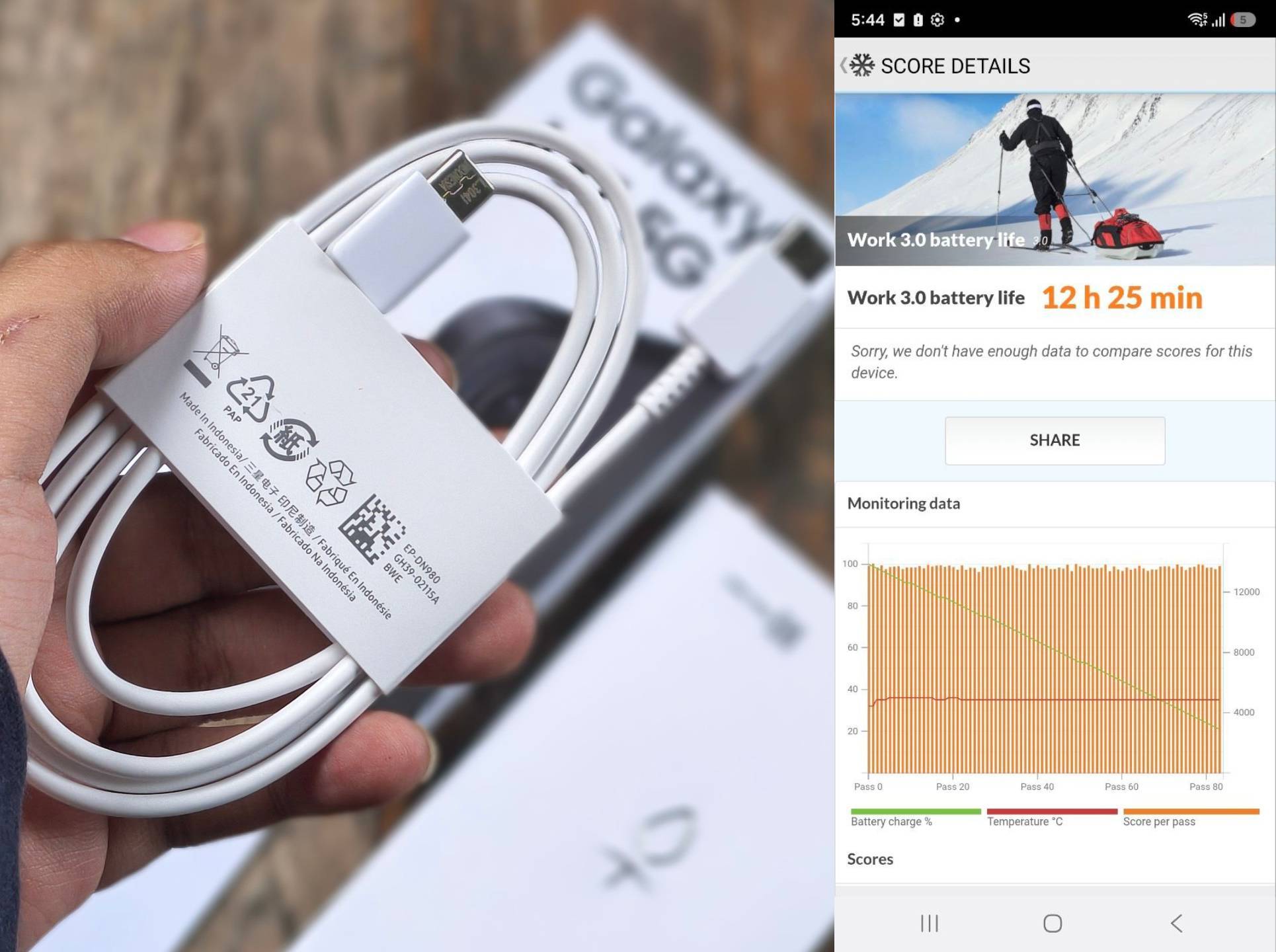 Dari kiri ke kanan: kabel USB-C ke USB-C dari kotak penjualan Galaxy A37 (tanpa kepala charger), laman pengujian PC Mark Battery Life.