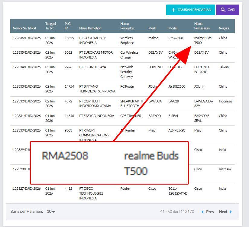 Realme Buds T500 muncul di Postel, pertanda akan segera rilis di Indonesia.
